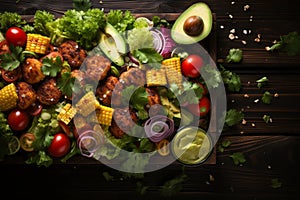 Mexican food mix copyspace frame colorful background with nuggets and vegetables on wooden surface
