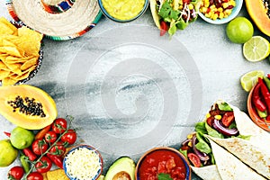 Mexican food mix with nachos copyspace frame colorful background Mexico