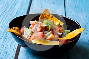 Mexican Food Pico De Gallo Salsa Salad with Tortilla Nachos, Tomato, Onion, Lime, Cilantro, Parsley, Jalapeno Pepper