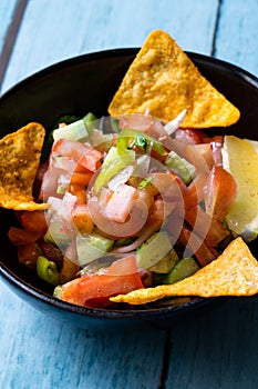 Mexican Food Pico De Gallo Salsa Salad with Tortilla Nachos, Tomato, Onion, Lime, Cilantro, Parsley, Jalapeno Pepper