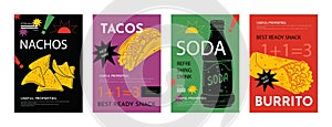 Mexican food posters. Street meal. Taco and nacho. Cafe invitation. Burrito snack and coda drink. Typography collage