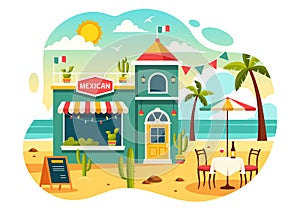 Mexican Food Restaurant Vector Illustration with Various of Delicious Traditional Cuisine Tacos, Nachos and Other on Flat Cartoon