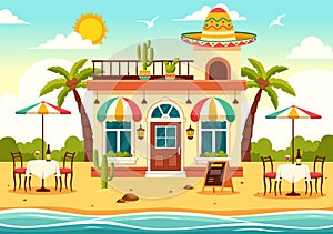 Mexican Food Restaurant Vector Illustration with Various of Delicious Traditional Cuisine Tacos, Nachos and Other on Flat Cartoon