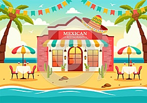 Mexican Food Restaurant Vector Illustration with Various of Delicious Traditional Cuisine Tacos, Nachos and Other on Flat Cartoon