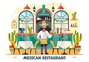 Mexican Food Restaurant Vector Illustration with Various of Delicious Traditional Cuisine Tacos, Nachos and Other on Flat Cartoon