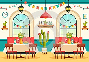 Mexican Food Restaurant Vector Illustration with Various of Delicious Traditional Cuisine Tacos, Nachos and Other on Flat Cartoon