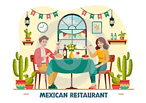 Mexican Food Restaurant Vector Illustration with Various of Delicious Traditional Cuisine Tacos, Nachos and Other on Flat Cartoon