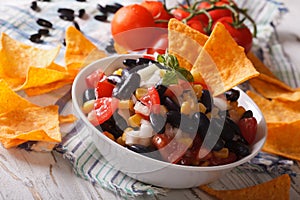 Mexican Food: salsa with black beans and nachos closeup. horizon