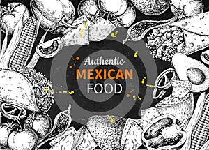 Mexican food sketch label in frame. Vector Traditional cuisines