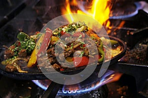 mexican food smoking chicken and beef fajitas on sizzling plate with fire and smoke