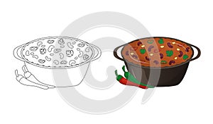 Mexican food is spicy dish with meat and beans chili con carne Kids coloring book