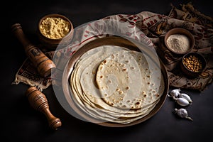 Mexican Food - Stack of Tortillas, Bowls of Masa and Salsa