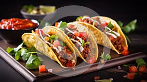 Mexican food taco, 3 items on a cutting board, next to a small bowl with sauce, tradition style, dark key, selective