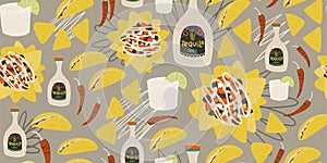 Mexican food taco tequila margarita hand drawn cartoon style seamless pattern