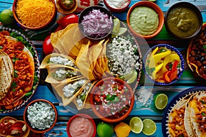 Mexican food: tacos, quesadillas, enchiladas, chiles en nogada. AI