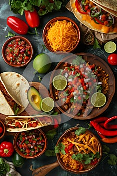 Mexican food: tacos, quesadillas, enchiladas, chiles en nogada. Top view