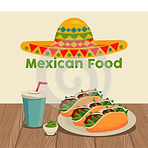 mexican food template with mariachi hat and tacos in wooden table