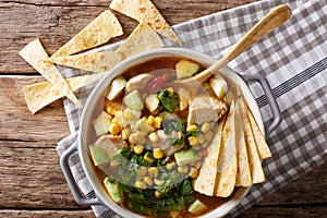 Mexican food: tortilla soup with chicken, tomatoes, avocado and