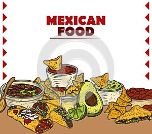 Mexican food traditional ingredient menu burrito taco nachos guacamole enchilada, engraved color