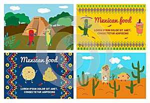 Mexican food vector illustration, cartoon cute taco, tortilla character from Mexico, happy burrito smiling and dancing