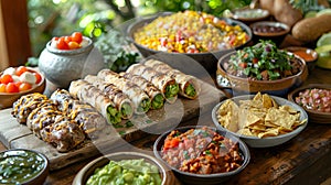 Mexican food on wooden table with guacamole and salsa. National holiday mexico. Top view, close-up