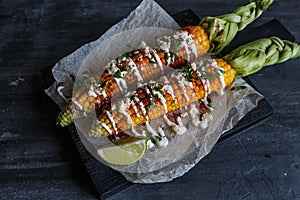 Mexican grilled corn, elote, dark photo
