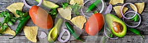 Mexican guacamole sauce ingredients on wooden background