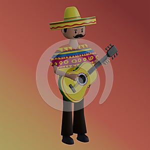 Mexican guy with moustache in colorful sombrero playing the guitar