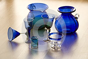 Mexican handicarafted blue glasses and vases