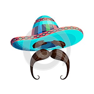 Mexican hat and mustache Isolated on a white background. Colored cartoon mexico sombrero. Retro barbershop symbol. Holiday Cinco