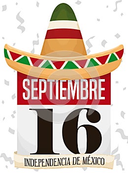 Mexican Hat over Calendar and Confetti Celebrating Mexico`s Independence Day, Vector Illustration photo