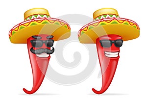 Mexican hat red cool hot chili pepper sunglasses mustache happy character realistic 3d cartoon design vector