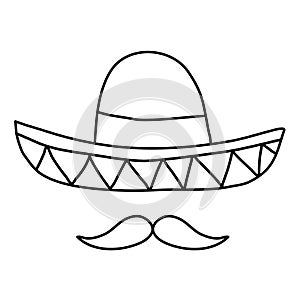 Mexican hat sombrero with moustache, doodle style flat vector outline for coloring book