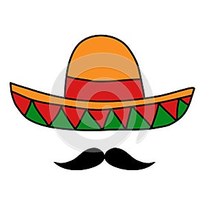 Mexican hat sombrero with moustache, doodle style vector