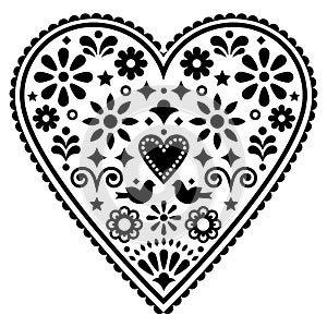 Mexican heart folk art vector design, monochrome Valentine`s Day or wedding invitation greeting card with birds and flowers
