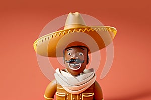 Mexican hispanic man with sombrero, moustache. 3d style toy on solid color background. Generative AI