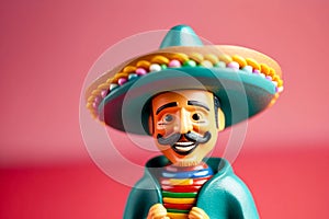 Mexican hispanic man with sombrero, moustache. 3d style toy on solid color background. Generative AI