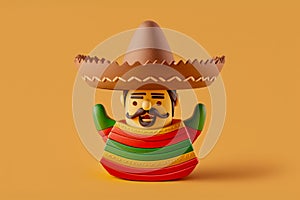 Mexican hispanic man with sombrero and moustache, 3d style toy on solid color background. Generative AI