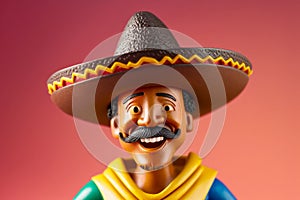 Mexican hispanic man with sombrero and moustache, 3d style toy on solid color background. Generative AI