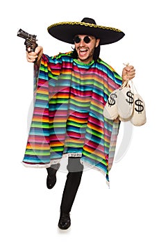 Mexican holding gun and money bag isolated on