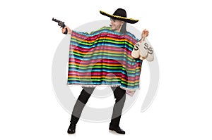 Mexican holding gun and money bag isolated on