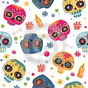 Mexican holiday Day of the Dead , Dia de los Muertos . Seamless pattern with sugar skulls and flowers