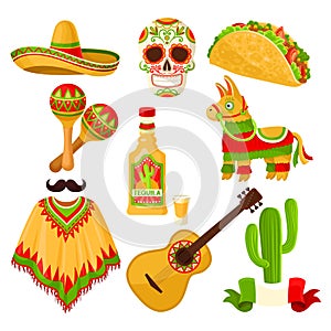 Mexican holiday symbols set, sombrero hat, sugar skull, taco, maracas, pinata, tequila bottle, poncho, acoustic guitar