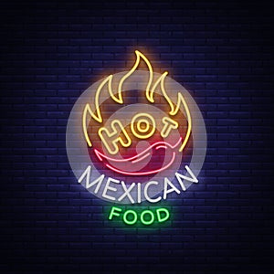 Mexican hot food logo in neon style. Neon sign, design template for Mexican restaurant, cafe, bar. Bright glowing banner