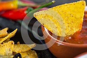 Mexican hot street food nachos with salsa dip