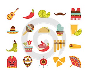 Mexican icons set celebration decoration festive flat design