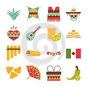 Mexican icons set decoration celebration festive culture flat design