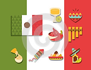 Mexican icons set decoration celebration festive national flag flat design