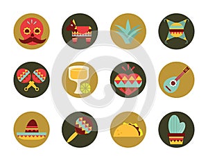Mexican icons set decoration celebration festive national flag flat design