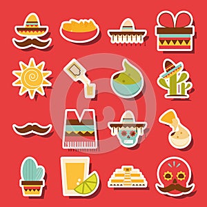 Mexican icons set decoration celebration festive red background flat design